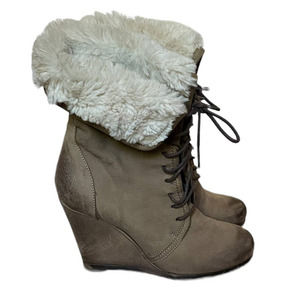 Boutique 9 Womens Leather Lace-Up Wedge Ankle Bootie Fur Trim Size 7